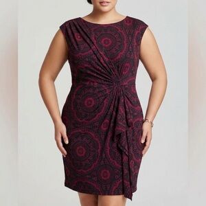 Jones New York Burgundy and Black Medallion Twist-Front Sheath Dress